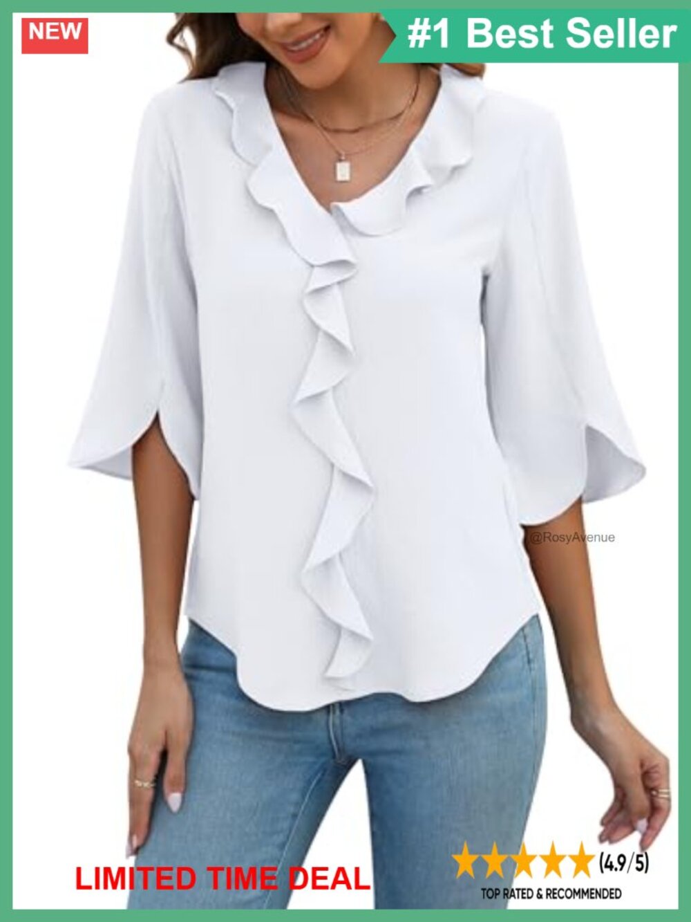 Womens Dressy Casual Ruffle Blouse 3/4 Sleeve V Neck Top